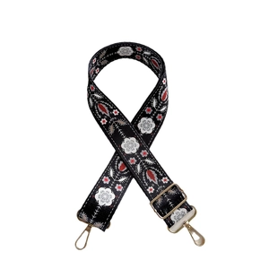 Adjustable 38mm wide canvas shoulder strap with floral embroidery and gold metal clips
