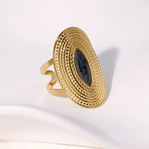 Retro wide 18K gold plated stainless steel ring with black enamel oval design