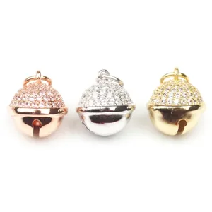 Three-piece micro-paved zircon bell charms in rose gold, silver, and gold for DIY jewelry