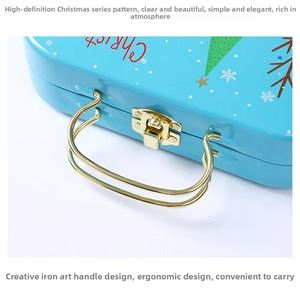 Detail of Christmas tin storage box with gold handle, metal latch, and tree pattern