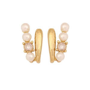Baroque pearl gold stud earrings with vintage stainless steel curve and shiny crystal