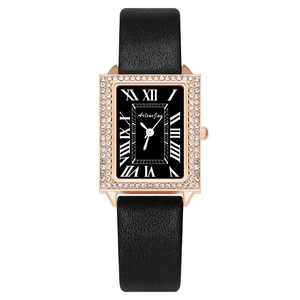 Women Quartz Watch Rectangular Rose Gold Alloy Case Rhinestone Bezel Faux Leather Strap Roman Numerals Elegant