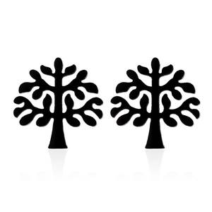 Fashionable black Tree of Life stud earrings with a matte finish on a white background