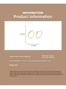 Detailed specifications of double-layered heart zircon gold ring with size parameters