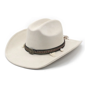 Beige faux suede western cowboy hat with wide brim and vintage bull head ornament