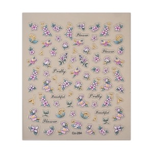 3D embossed floral nail art stickers with gold accents and purple flowers in Co-284 style