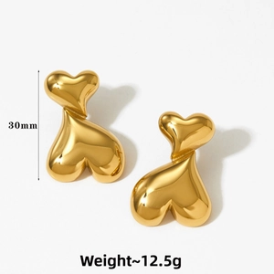 Polished gold stacked heart drop earrings 30mm height with mirror finish weight 12.5g
