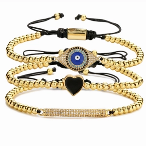Adjustable Heart Evil Eye Braided Bracelet With Copper Gold Beads Micro Zircon Geometric Bar Charm Jewelry For Women