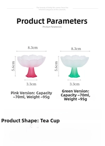 Detailed size specifications for 70ml hand-blown glass tea cups in pink and green