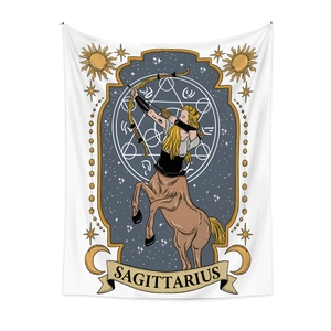 Close-up detail of Sagittarius zodiac tapestry with centaur archer and mystic symbols