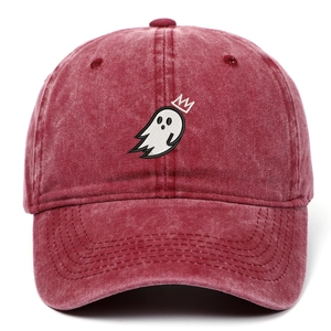 Detailed embroidery of a crown ghost logo on a vintage washed cotton baseball cap