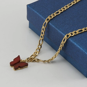 Elegant 18K gold-plated stainless steel butterfly anklet with red enamel pendant details