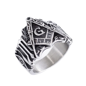 Vintage Masonic Freemason Ring with Compass G Symbol in Oxidized Stainless Steel