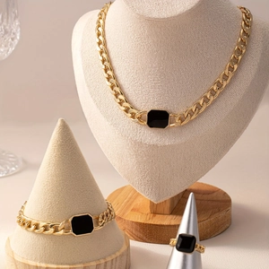 Gold cuban link jewelry set with square black gemstone necklace bracelet and ring