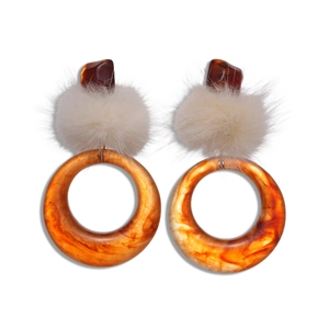 Vintage resin hoop earrings with white fur pom pom and dark brown stone accents