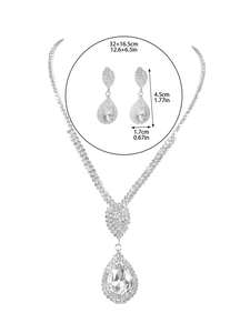 Detailed view showing dimensions of silver rhinestone necklace and earrings jewelry set