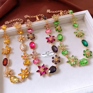 Vintage floral crystal pendant necklace set with colorful gems and gold chain