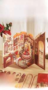 Detail of 3D folding sticker set showing Sweet Dream Dollhouse indoor scene with characters
