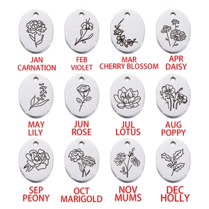 Oval Birth Flower Pendant 304 Stainless Steel Etched Mirror Polished Jewelry Making Findings DIY Necklace Charm Accessories