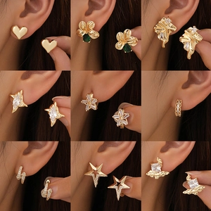 14K Gold Plated Copper Earrings For Women Geometric Heart Star Flower Zircon Inlaid Ear Cuffs Fashion Jewelry