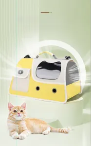 Detail of pet carrier bag featuring breathable mesh and cat-shaped window on green stairs