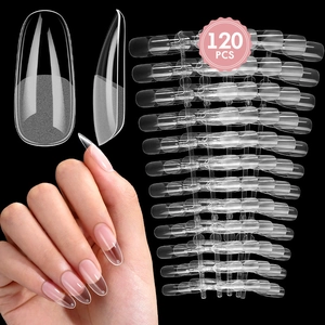 Macro shot of 120 pieces clear almond nail tips with matte finish and semi-frosted texture