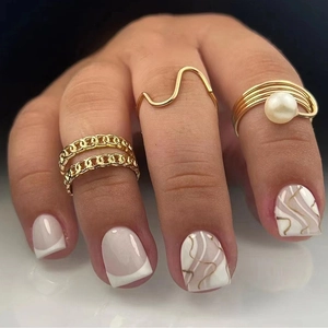 French Style Press On Nails Short Square Nude Pink With Golden Wavy Lines And White Tips Elegant Fashionable Women