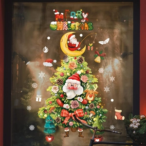 Christmas window static clings featuring Santa Claus, reindeer and festive tree decorations