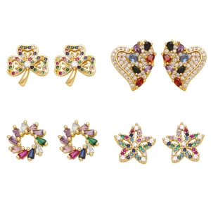 Western Style Copper Zirconia Stud Earrings Colorful Micro-Inlaid Heart Flower Star Gold Plated Stud Earrings For Women