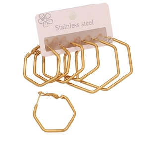 Set of 3 pairs of geometric hexagonal hoop earrings in gold plated stainless steel