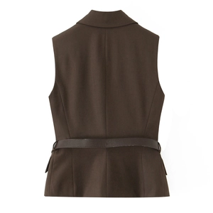 Back view of brown suit vest with embossed crocodile leather belt for women