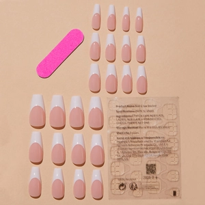 White French tip coffin press-on nails set with adhesive tabs and a pink nail file