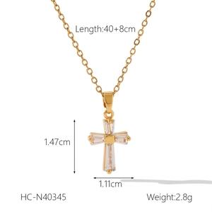Detailed size chart for gold cross necklace featuring zirconia stone measurements