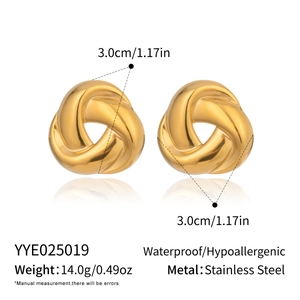 Detailed view of 3.0cm polished golden stainless steel triple twist knot earrings