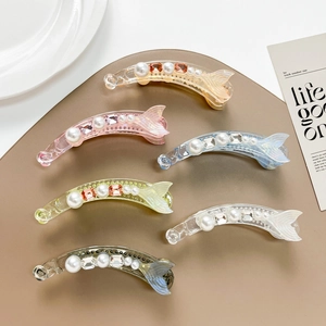 Mermaid Tail Banana Hair Clip Transparent Resin With Rhinestone And Artificial Pearl Ponytail Holder Elegant Accessory For Women