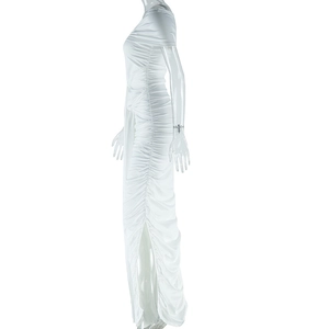Detail view of white off-shoulder ruched dress featuring a high side slit and pleated texture