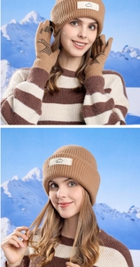 Close-up of winter knitted set including dark camel balaclava and touch-screen gloves