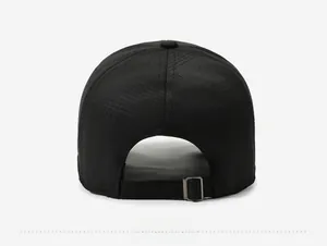 Rear view of black baseball cap for men featuring a metal buckle and textured fabric