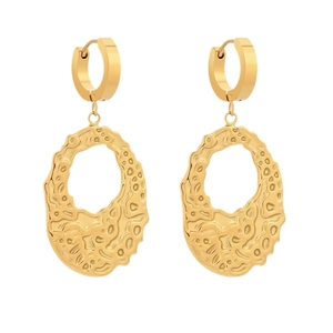 Elegant gold irregular oval pendant earrings with unique textured finish and hoop design
