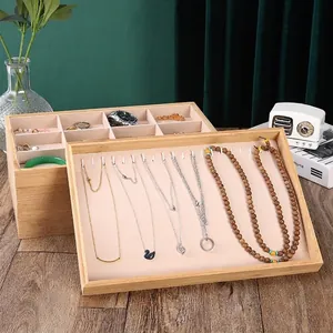 Bamboo and velvet jewelry display tray set for rings, necklaces, and watches