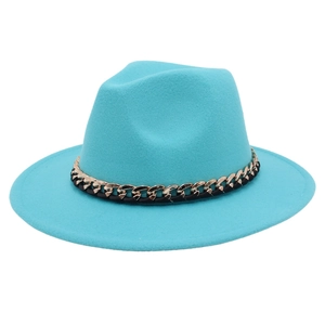 Lake blue fedora hat with a decorative gold metal chain and black leather ribbon