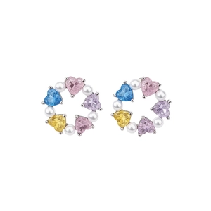 Sparkling silver stud earrings featuring colorful heart-shaped zircon stones and pearls