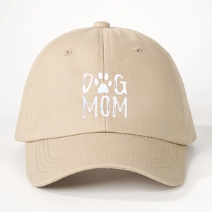 Khaki cotton baseball cap with white DOG MOM text and paw print embroidery on white background