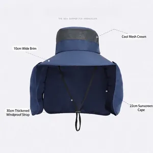 Deep blue outdoor sun hat with large brim and neck flap featuring breathable mesh detail