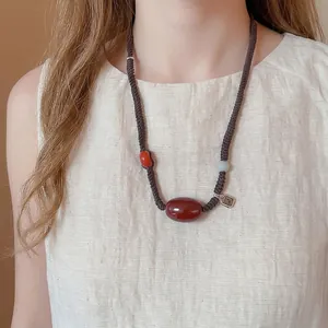 Handmade Beaded Necklace Agate Rhodochrosite Jadeite Wax Rope Adjustable Ethnic Style Vintage Silver-Tone Metal Charm