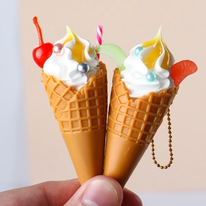 Realistic Simulation Ice Cream Cone Keychain PVC Dessert Food Pendant For Bag Accessory Cute Charm With Metal Chain