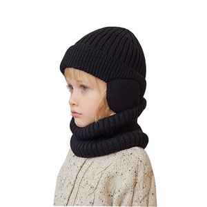 Winter knit hat and scarf set for boys with fleece lining and ear protection in black