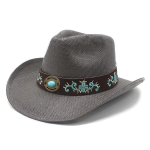 Dark gray western cowboy straw hat with wide brim and turquoise stone embroidered band