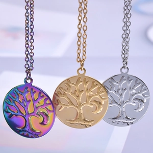 Rainbow, gold, and silver Tree of Life circular pendants on stainless steel chains