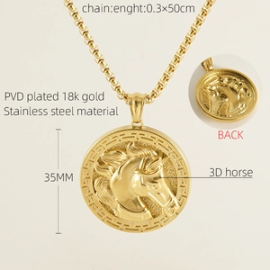 Detail of 18k gold plated stainless steel necklace featuring a 3D horse head relief pendant